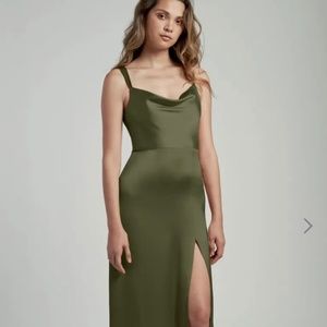 Jenny Yoo Olive Green Satin “Gina” Dress
